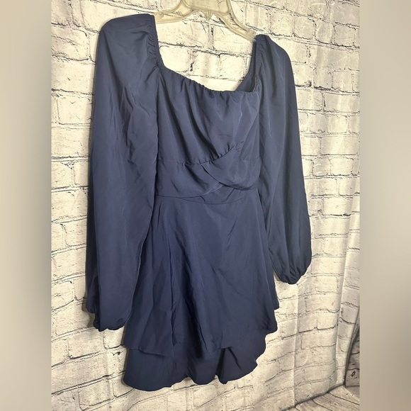 Romper Long Sleeve Off Shoulder Ruffle Chiffon Shorts Medium Navy Blue Boho Zip - Picture 8 of 11